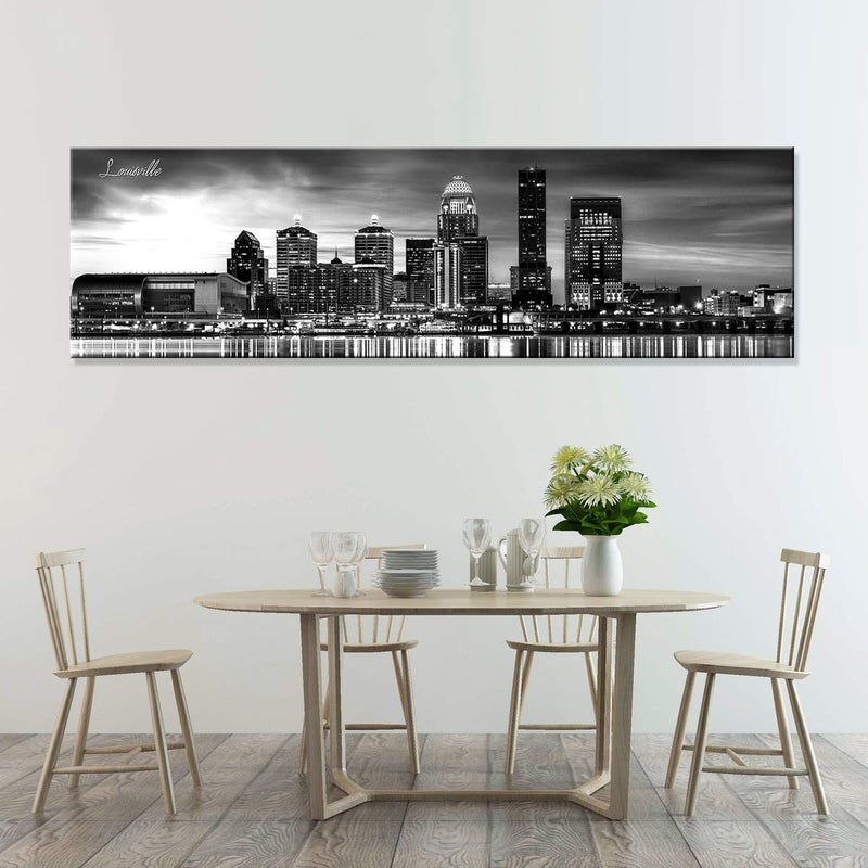 sunfrower Louisville Skyline Wall Art Kentucky Decor Black and White Cityscape Painting for Living Room Downtown Waterfront Park Panoramic Canvas Pictures Bedroom Kitchen Office Artwork Home Decorations 14x48" - Image 4